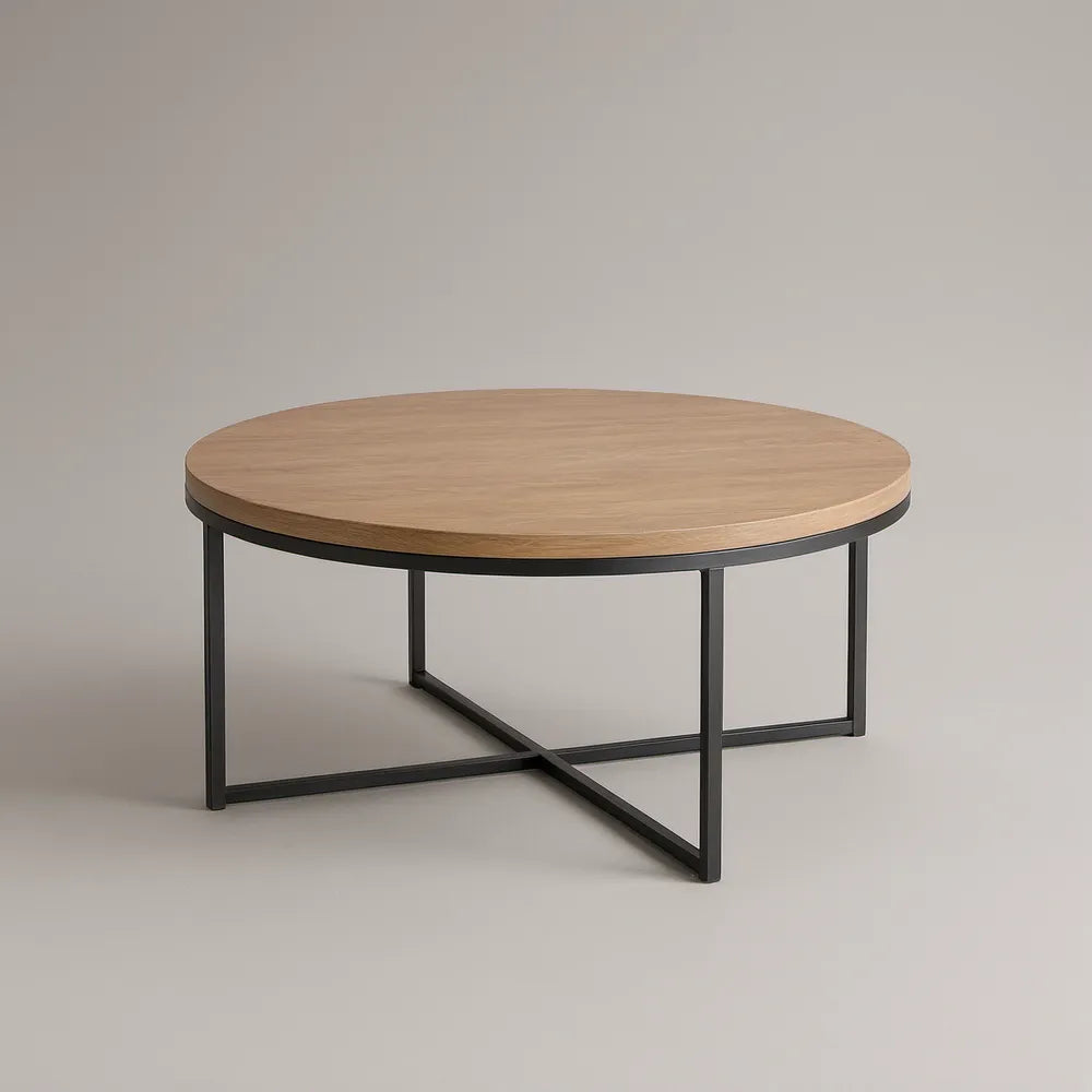 Kulatý stolek 80 × 80 × 45 cm v dekoru přírodního dubu s černou ocelovou podnoží