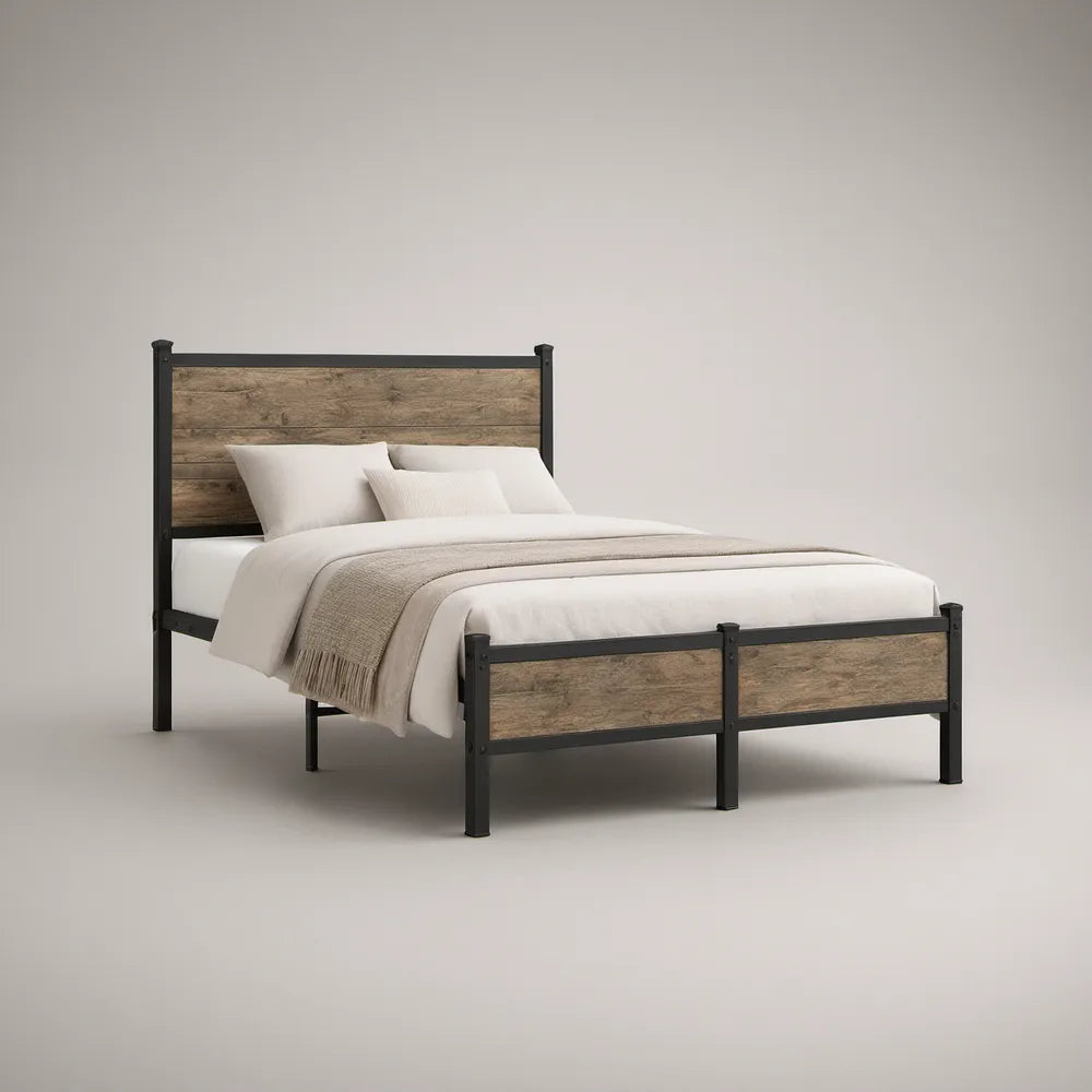 Manželská postel 160 × 200 cm z oceli a MDF, černá/hnědá