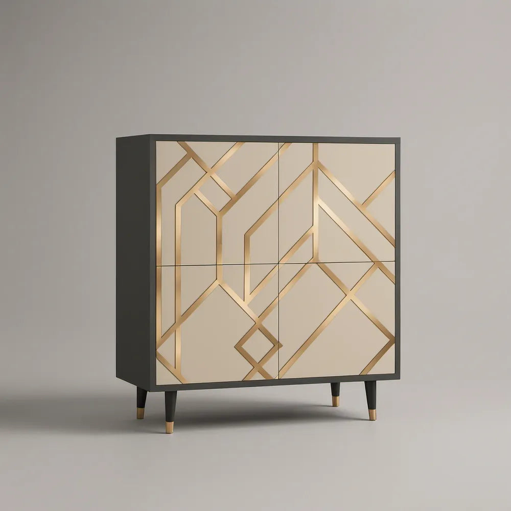 Příborník se 4 dvířky, 120 × 40 × 120 cm, černý/krémový/zlatý