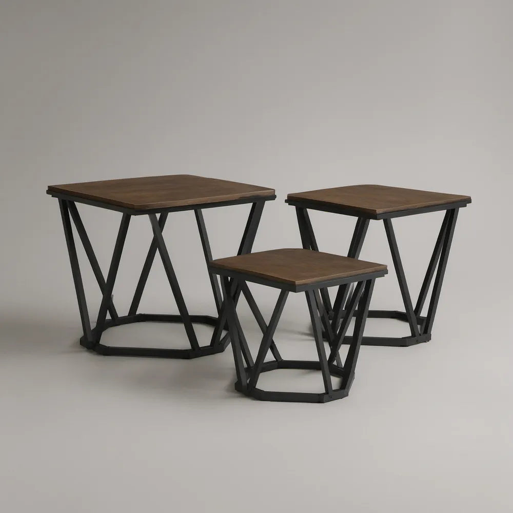 Sada 3 konferenčních stolků s čtvercovými deskami v dekoru ořech a černou ocelovou konstrukcí, 60 × 60 × 55 cm, 50 × 50 × 48 cm, 40 × 40 × 41 cm