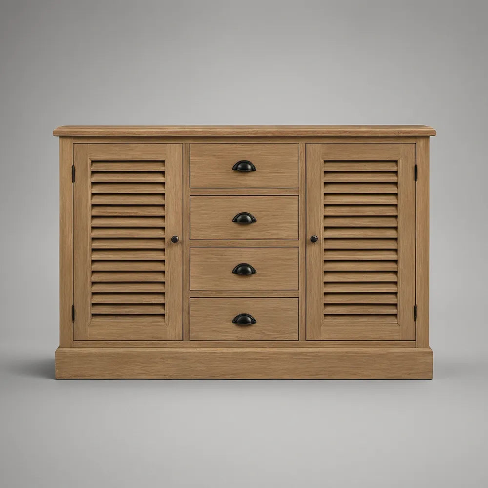 Komoda z MDF v dekoru přírodního dubu se 4 zásuvkami a 2 lamelovými dvířky, 120 × 85 × 40 cm
