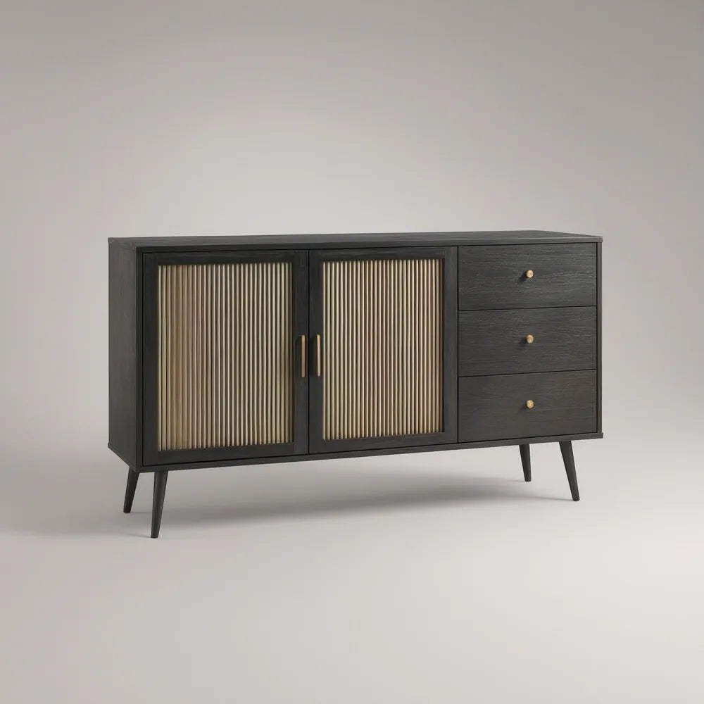 Černý příborník z MDF s rýhovaným tvrzeným sklem, 160 × 40 × 85 cm
